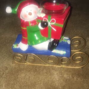Vintage Snowman Candle Holder Figurine - 6"Hx8"Lx3"W